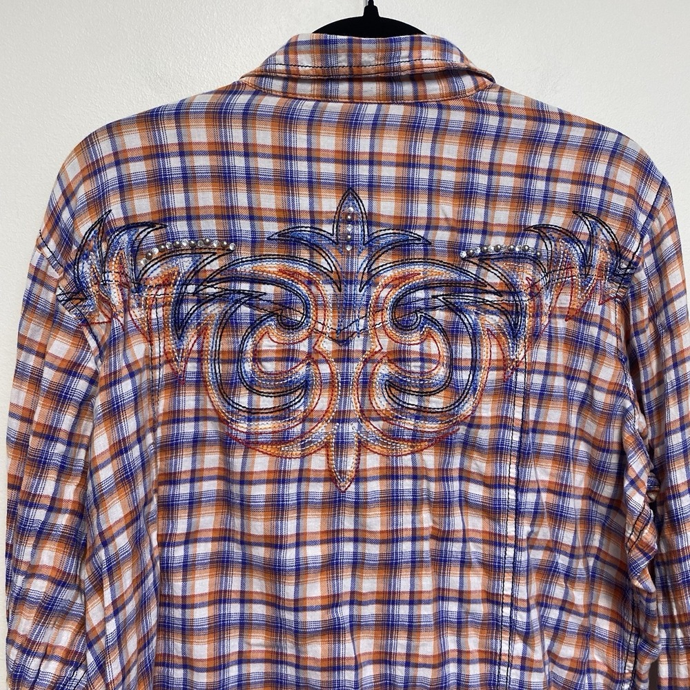 ARIAT Western Pearl Snap Shirt XXL Soft Flannel Embroidered Rhinestones Plaid